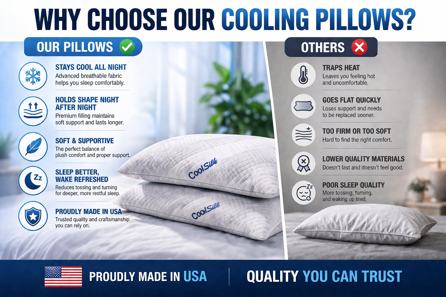 Luxury Cooling Pillows 2 Pack Soft Breathable Bed Pillows Sleep Comfort